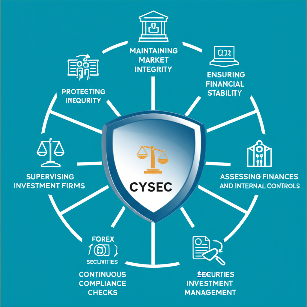 CySEC 核心職責包括維護市場完整性、保護投資者、監督投資公司財務與內控,涵蓋外匯、CFD、證券及投資組合管理的插圖
