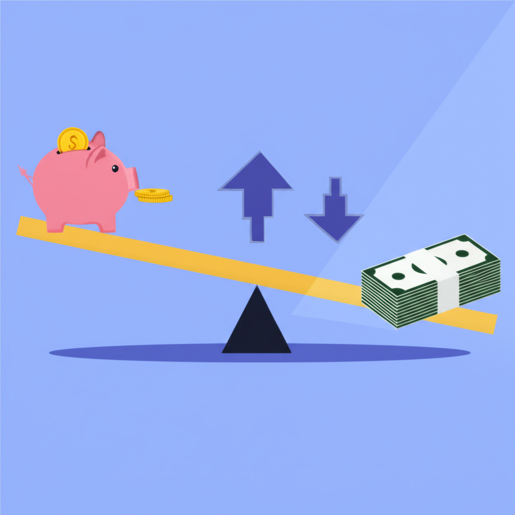 跷跷板平衡小錢幣與大錢堆，象徵槓桿；存錢罐代表保證金；上下箭頭表示雙向交易