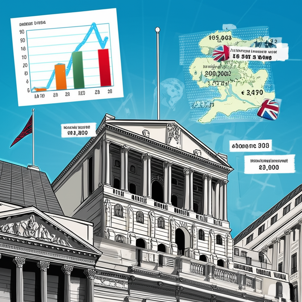 英國央行建築圖像,搭配上升利率圖表與英國經濟韌性指標,如就業數據和全球投資者信心地圖