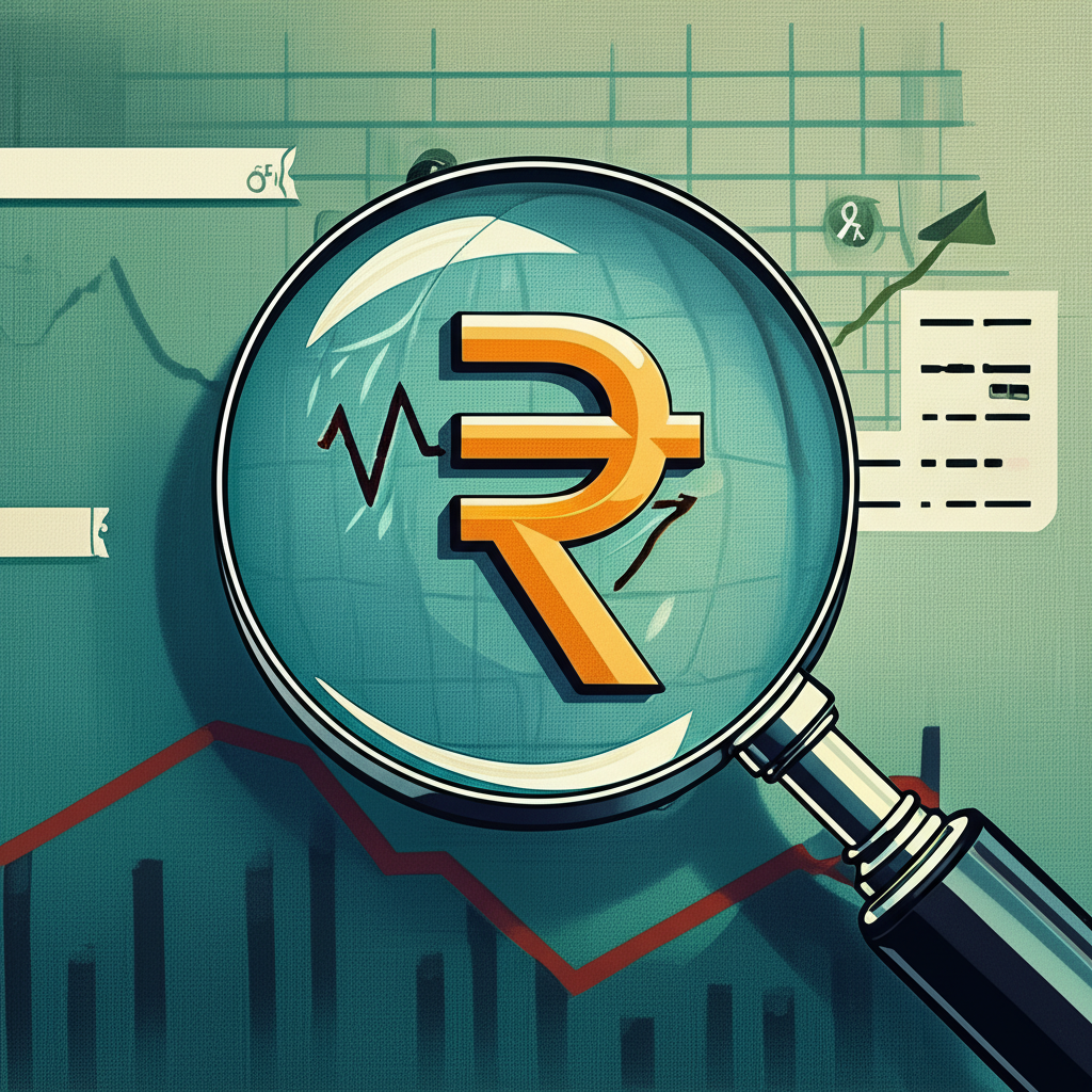 插畫:投資者透過放大鏡審視南非幣,周圍環繞著高利率與風險的金融圖表,呈現複雜的投資決策情境