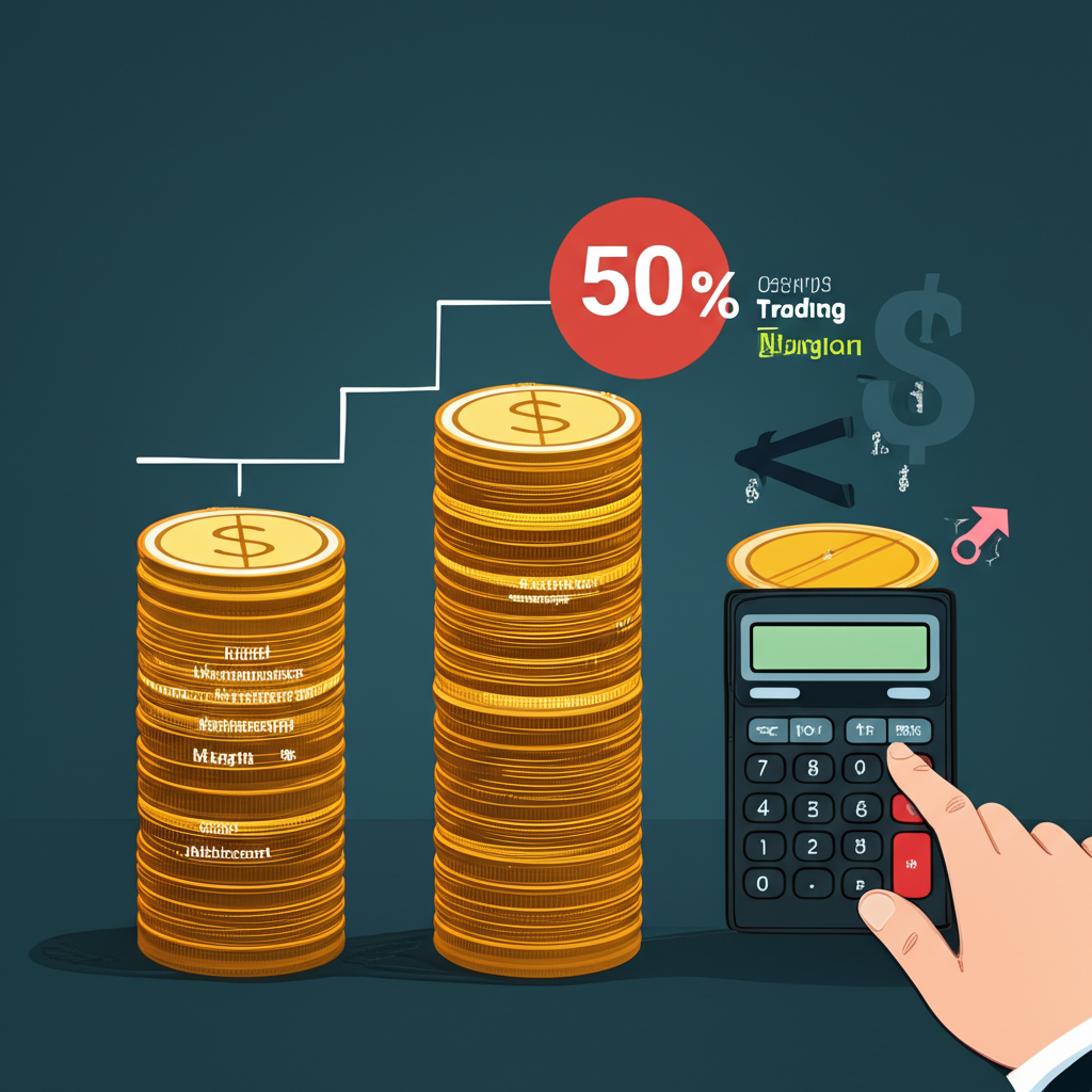 三疊標記初始、維持與結算保證金的金幣堆疊,計算器顯示當沖減半50%,交易者管理資金