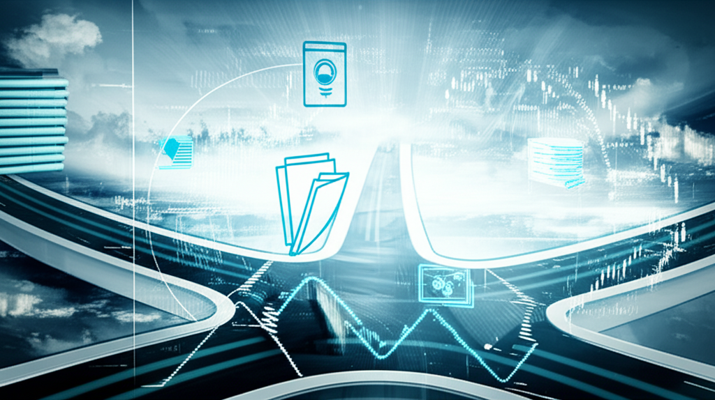 全球經濟景觀的複雜插圖,包含市場圖表、政策文件與未來科技符號在十字路口交匯