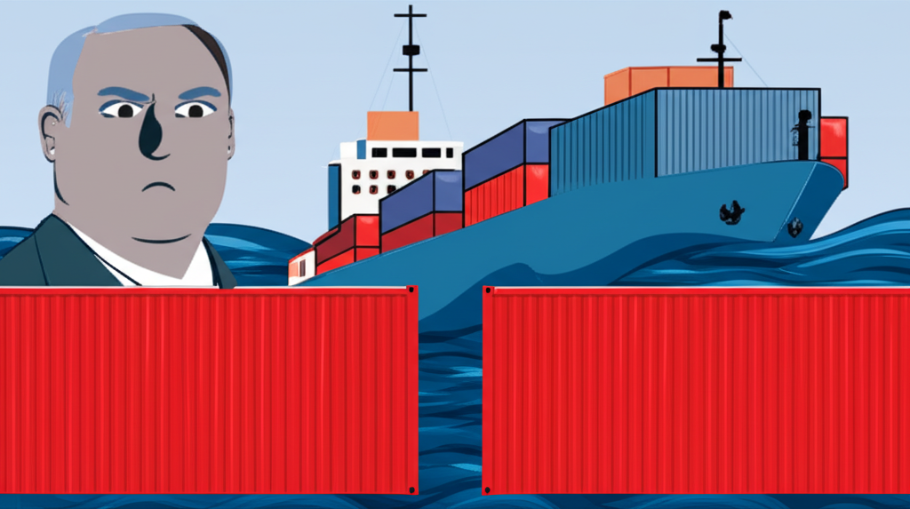 貨櫃船被紅色障礙阻擋,背景有嚴厲的貝森特,代表警告與市場下降