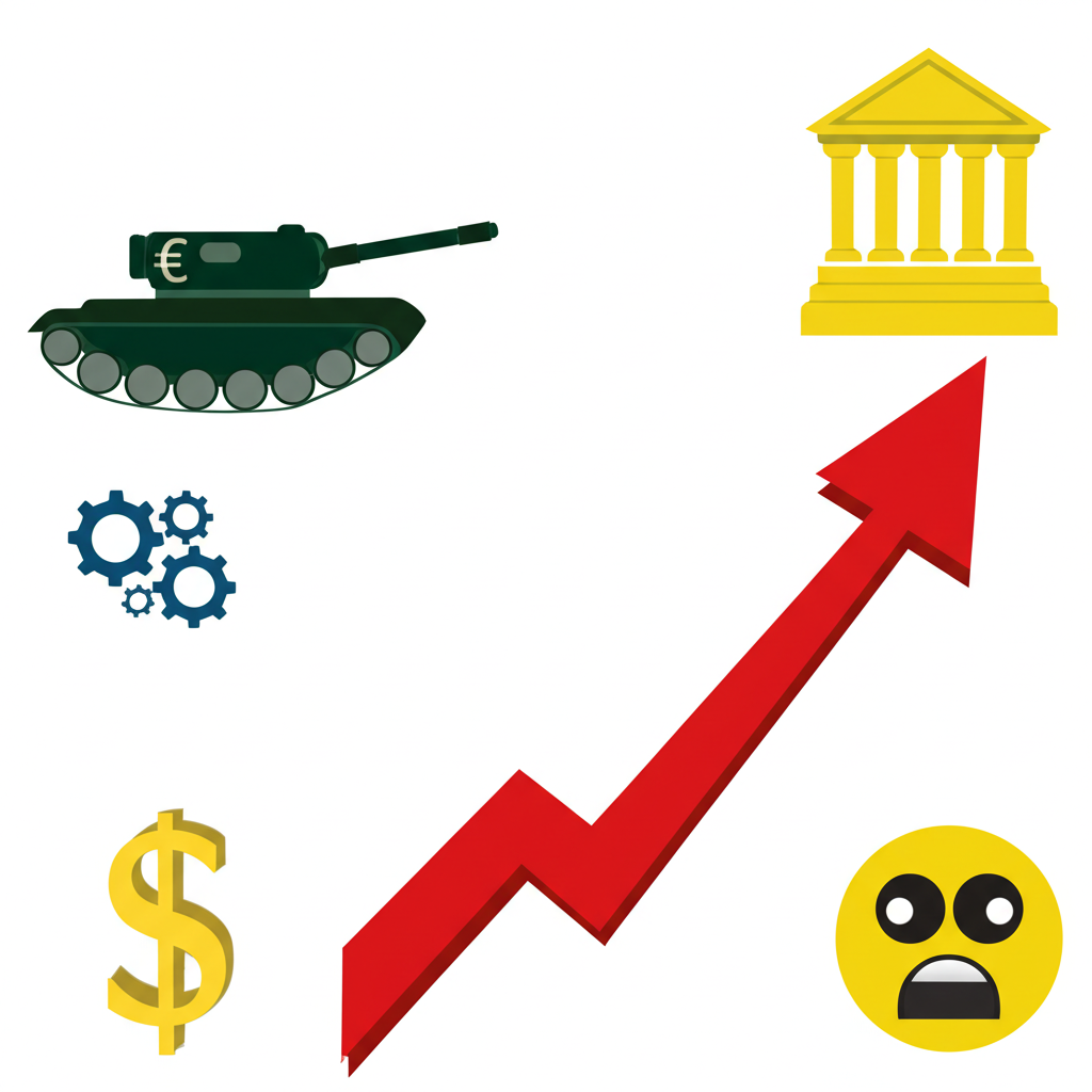 An illustration showing five distinct icons or symbols representing the key factors impacting the euro a war tank a central bank building with different sized gears a rising inflation graph a worried face and a dollar sign as a safe haven
