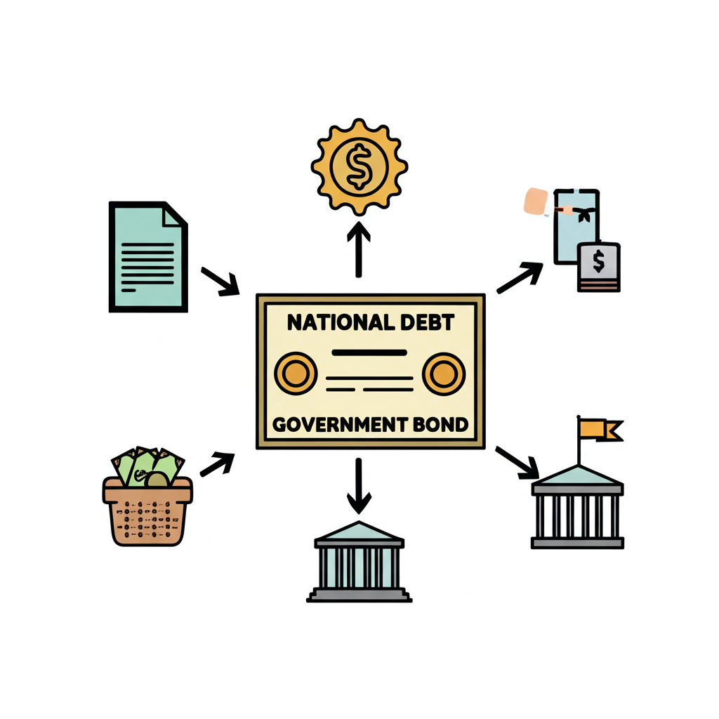 中央政府發行債務憑證示意圖,資金從投資人流向政府,債券文件上標示『國家債務』與『政府公債』