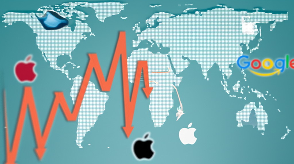 世界地圖插圖,箭頭指向美國股市,大幅波動圖表伴隨蘋果和谷歌等科技巨頭標誌,象徵全球市場影響