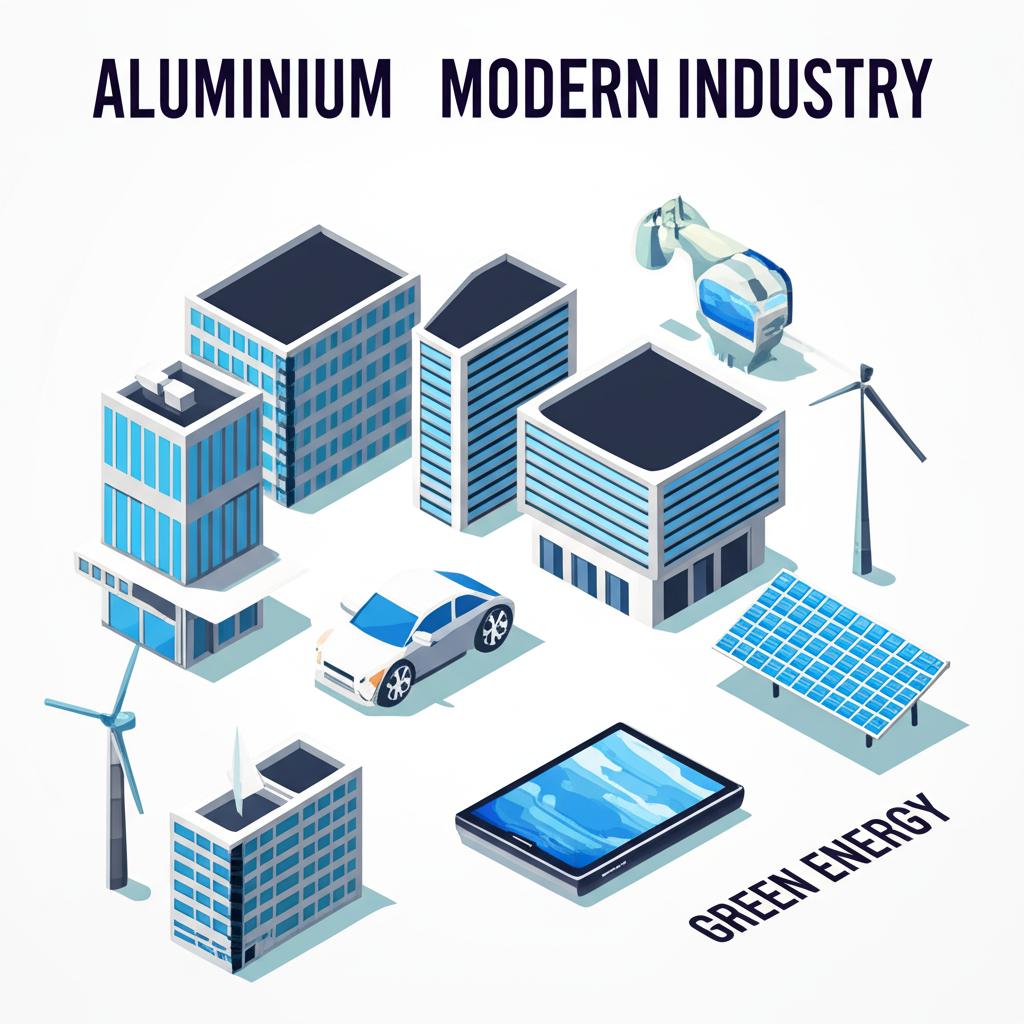 鋁在現代產業應用插圖,包括建築、交通工具、電子產品和綠能,強調其輕量和可回收特性