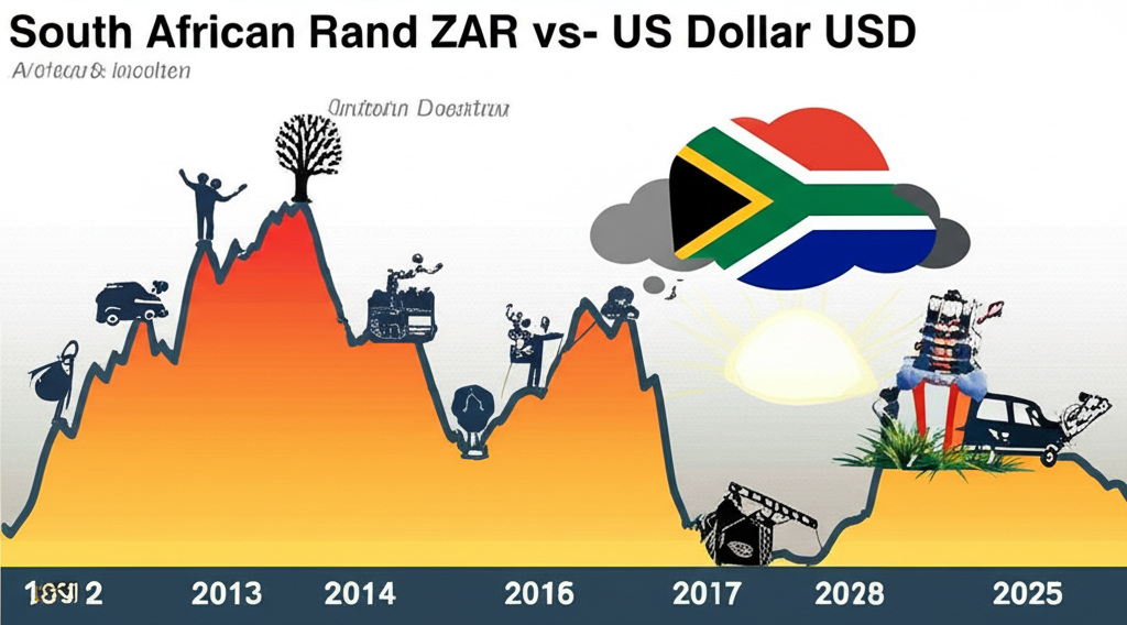 插畫:南非幣兌美元十年匯率走勢圖,以波動曲線呈現,標示出經濟危機與政治事件造成的高點與低點,並指向2025年不確定的前景