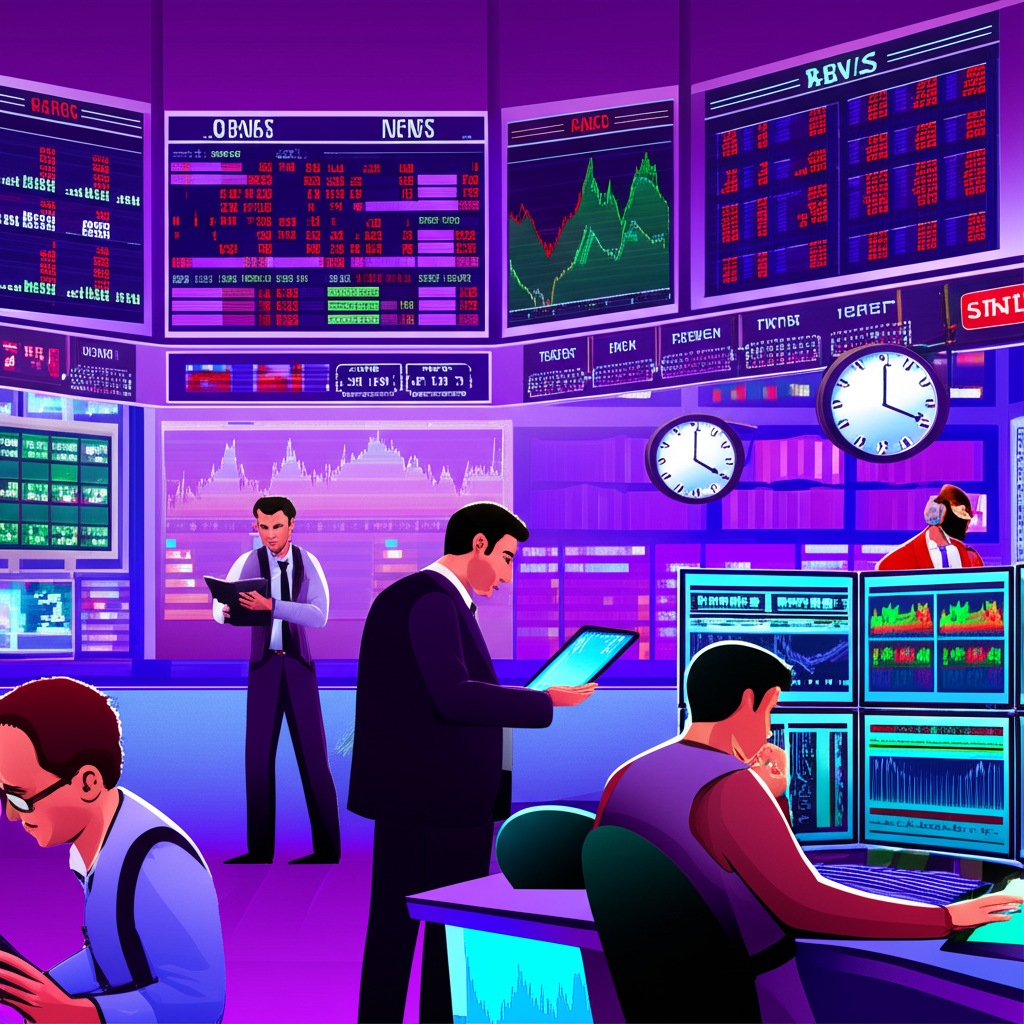 盤前交易場景示意圖,投資者在開盤前盯著螢幕分析市場動態