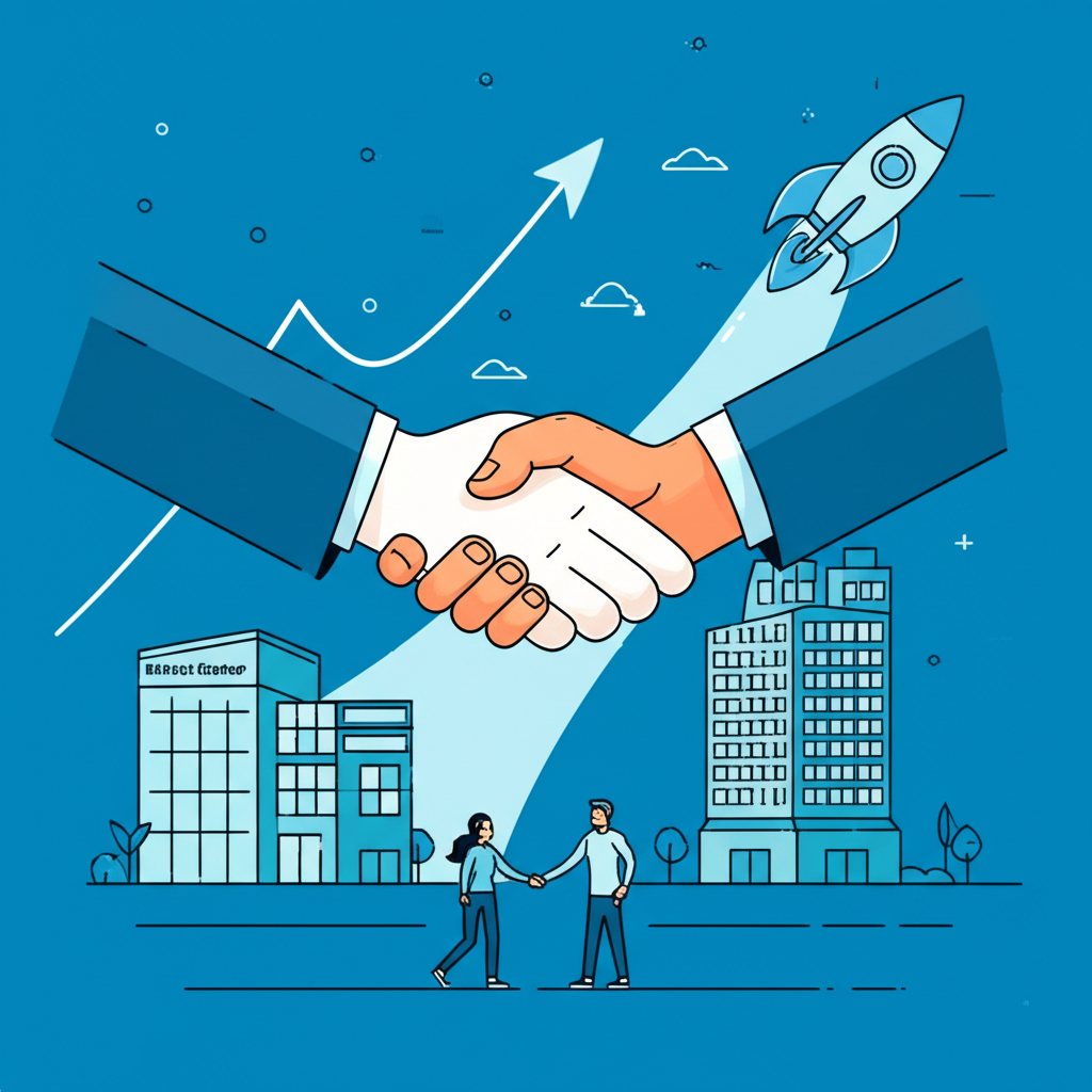 兩家公司握手，一家小型生技新創與大型藥廠巨頭，火箭象徵股價向上飆升，代表戰略夥伴關係與加速成長