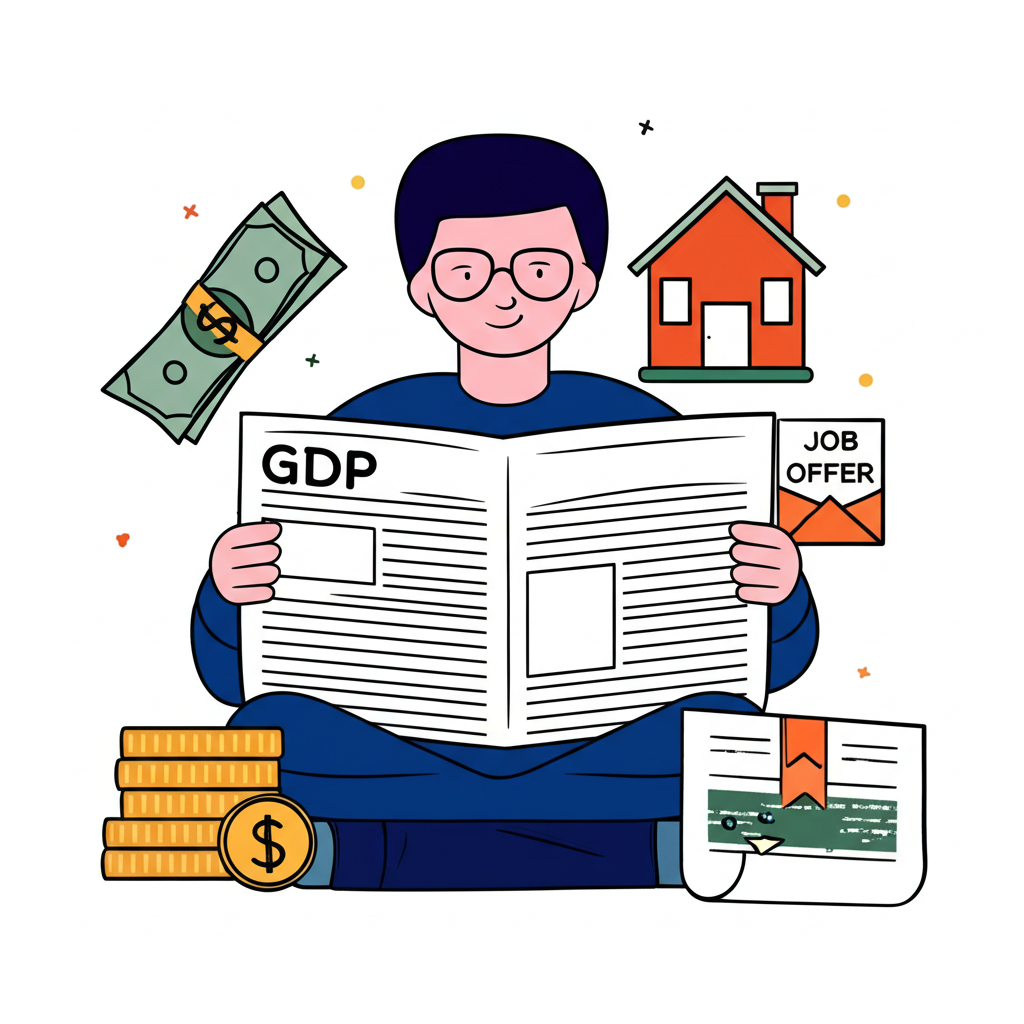 一位讀者手持報紙,頭條標題為GDP,周圍環繞貨幣、房屋、工作機會和經濟趨勢圖表,象徵GDP與日常生活連結