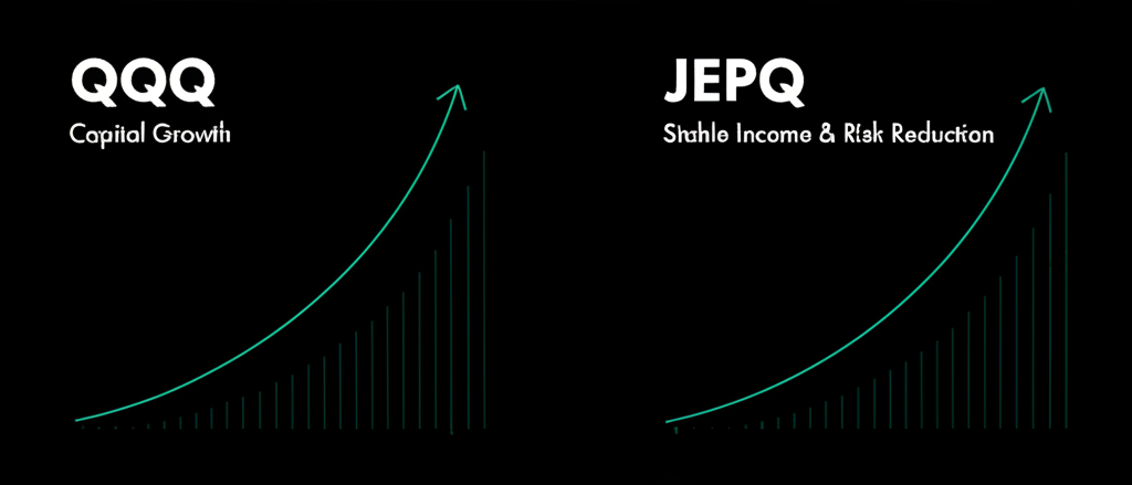 比較兩種投資策略的插圖:QQQ 聚焦資本成長,JEPQ 備兌看漲期權基金提供穩定收入與風險緩解