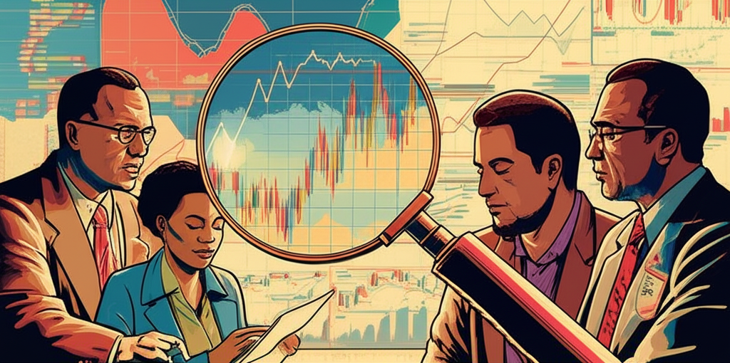 金融市場中投資者透過放大鏡觀察分價量表圖的插圖,背景有股票圖表和數據流