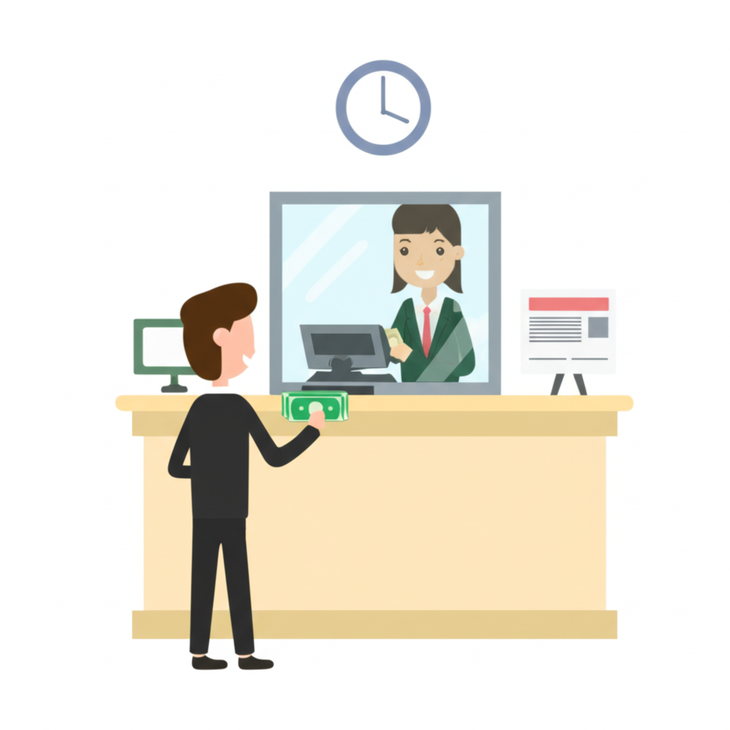 一位顧客在銀行櫃檯與櫃員互動兌換貨幣,鐘顯示有限營業時間,背景隱約暗示較高交易成本