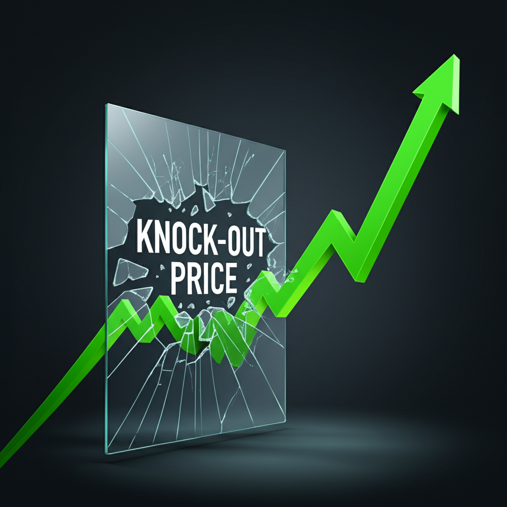 一幅插圖顯示標記為Knock-out Price的精緻玻璃牆，在上升股票市場圖表線撞擊下碎裂，象徵強制贖回的突然重大風險，插圖風格
