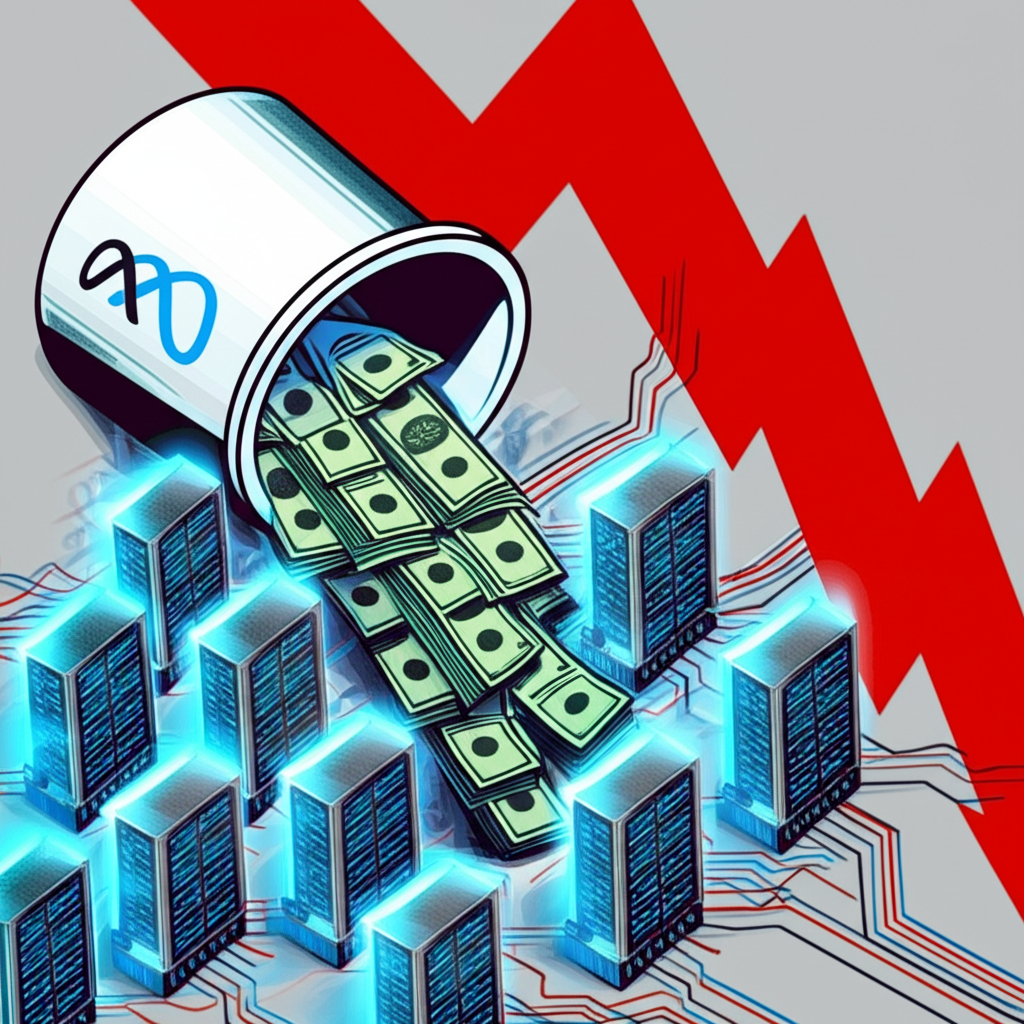 Meta標誌傾注資金至AI伺服器與數據中心網絡，背景顯示股價急墜圖表