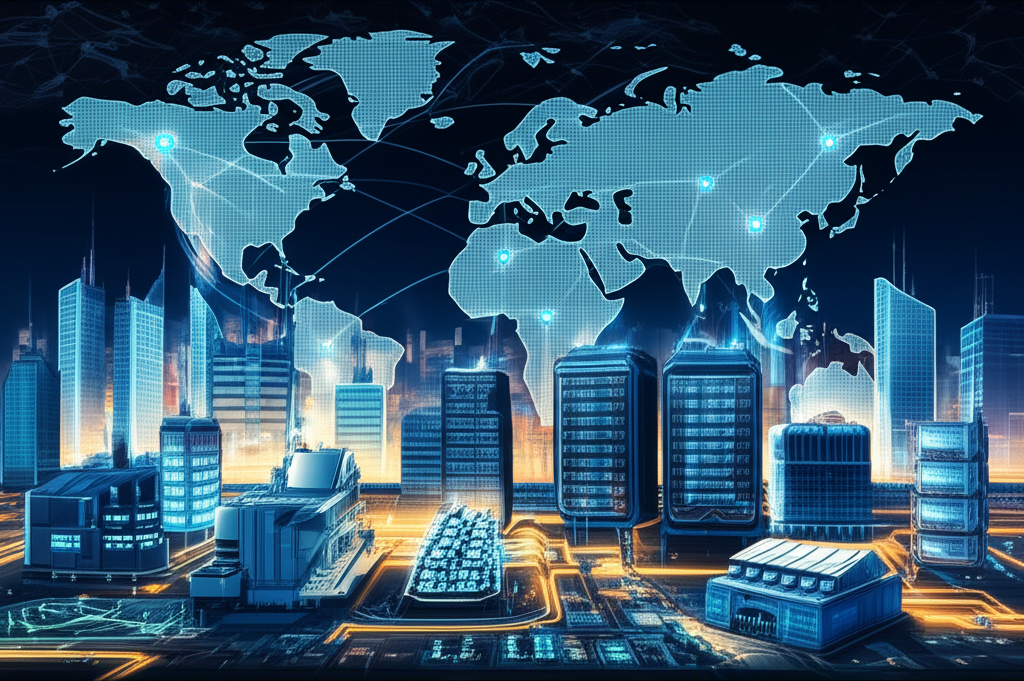 未來城市景觀由小型模組化反應爐供電,連接 AI 資料中心與軍事基地,背景為全球能源地圖,充滿活力與動感