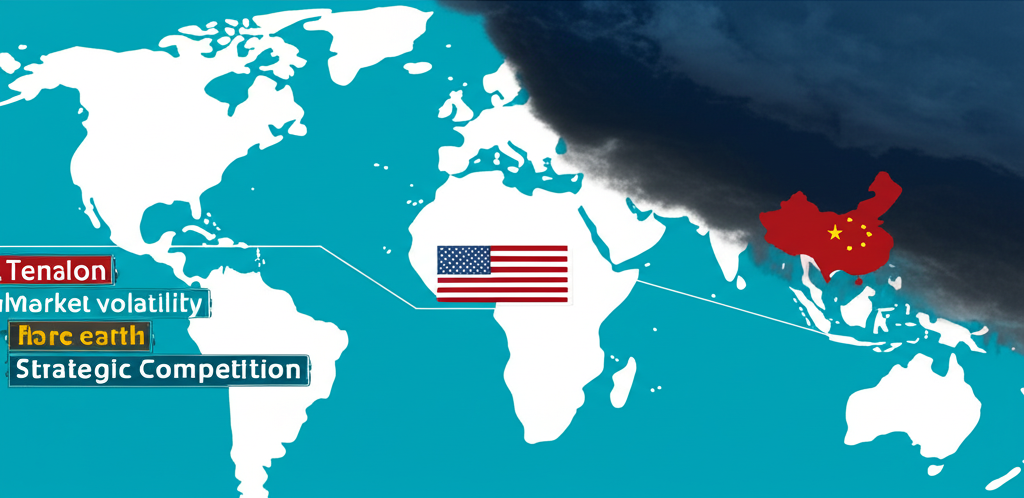 全球經濟地圖上的風暴雲,顯示美中緊張與市場波動及稀土競爭