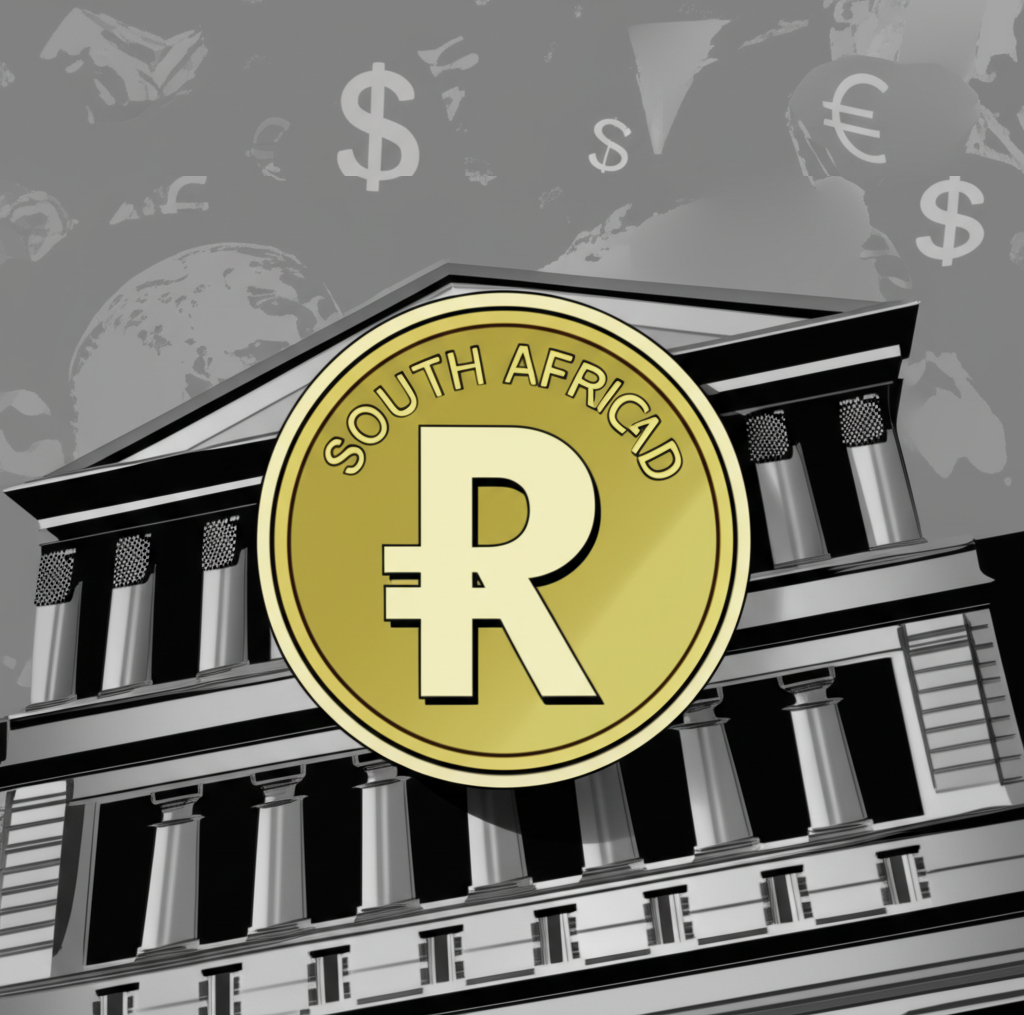 堅韌的南非幣貨幣形象,背後是中央銀行建築與全球金融符號,展現主權穩定性面對經濟挑戰