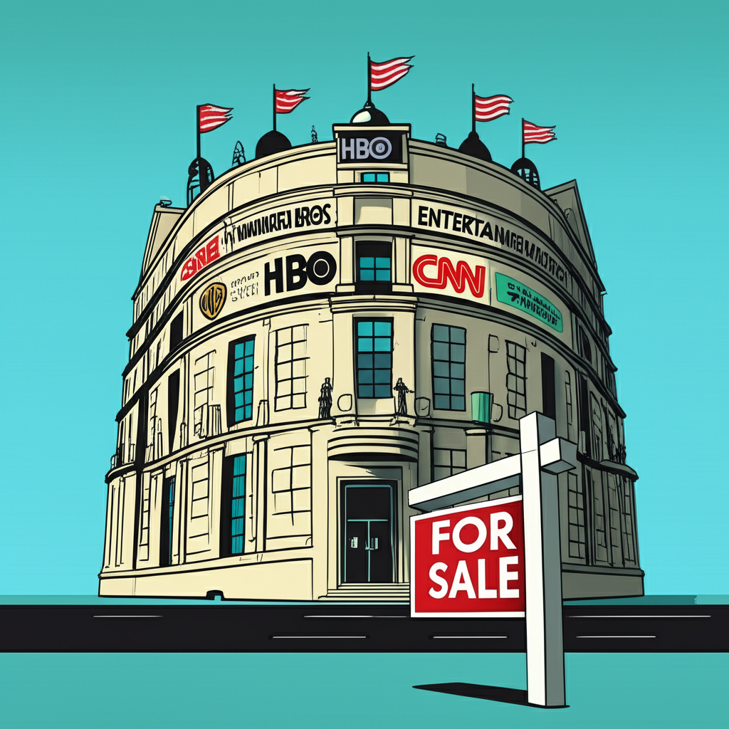 華納兄弟探索公司媒體帝國建築前掛售賣標誌,包含HBO、CNN和華納兄弟影業標誌,象徵全球娛樂產業的不確定未來