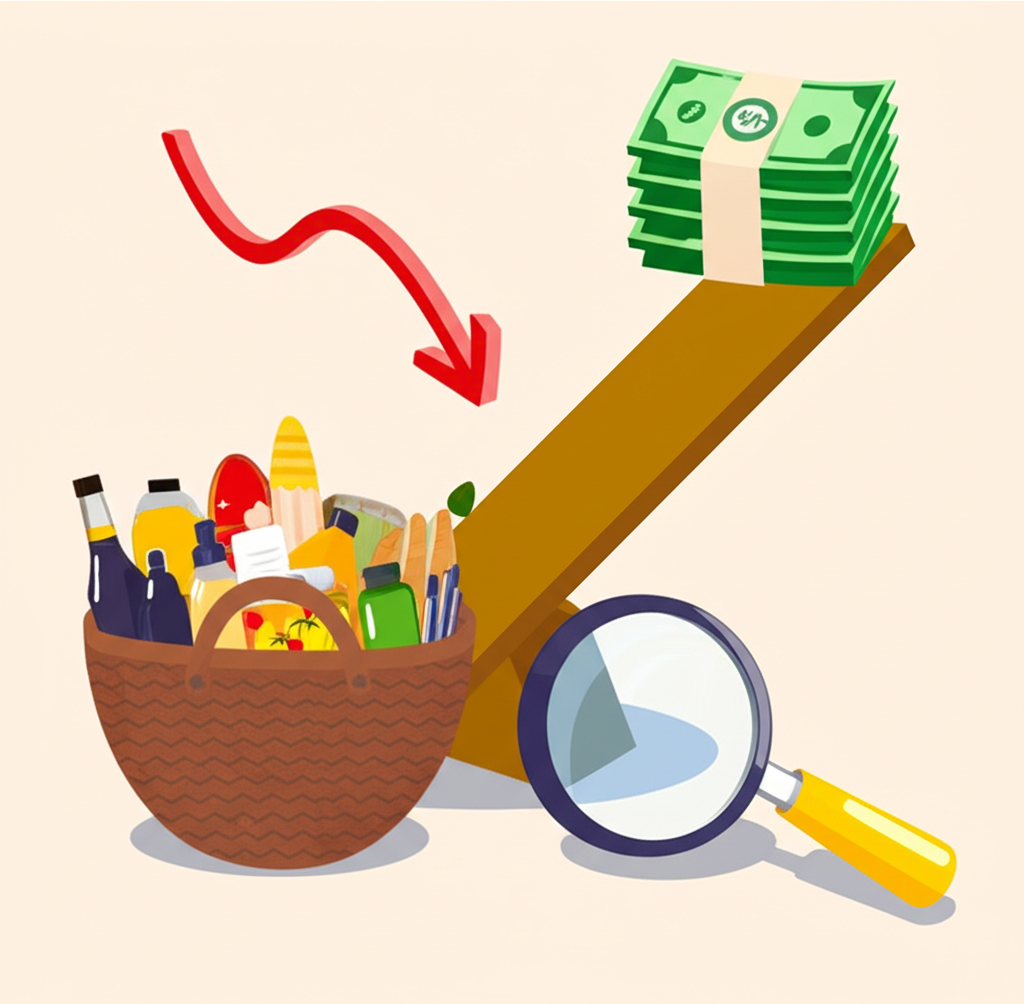 通貨膨脹導致貨幣價值下降的平衡示意圖,底部有代表消費者物價指數的購物籃和放大鏡