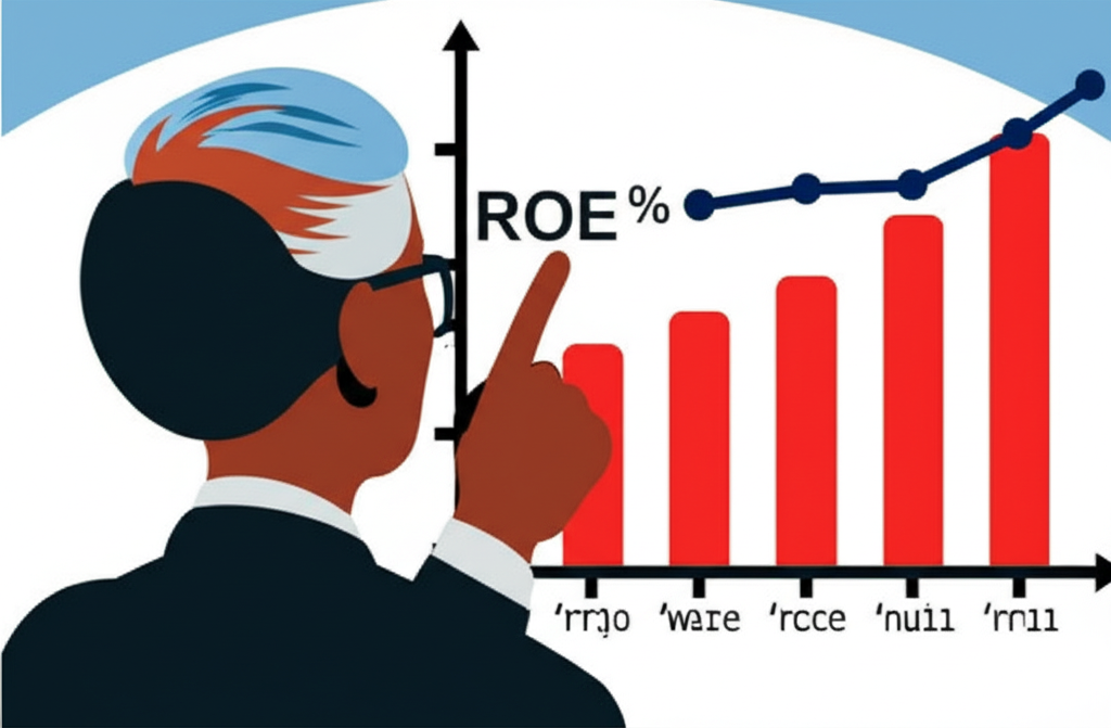 華倫·巴菲特式投資者指向顯示持續高穩定ROE的財務圖表,象徵強大競爭優勢與高效企業運作,以現代商業插圖風格描繪