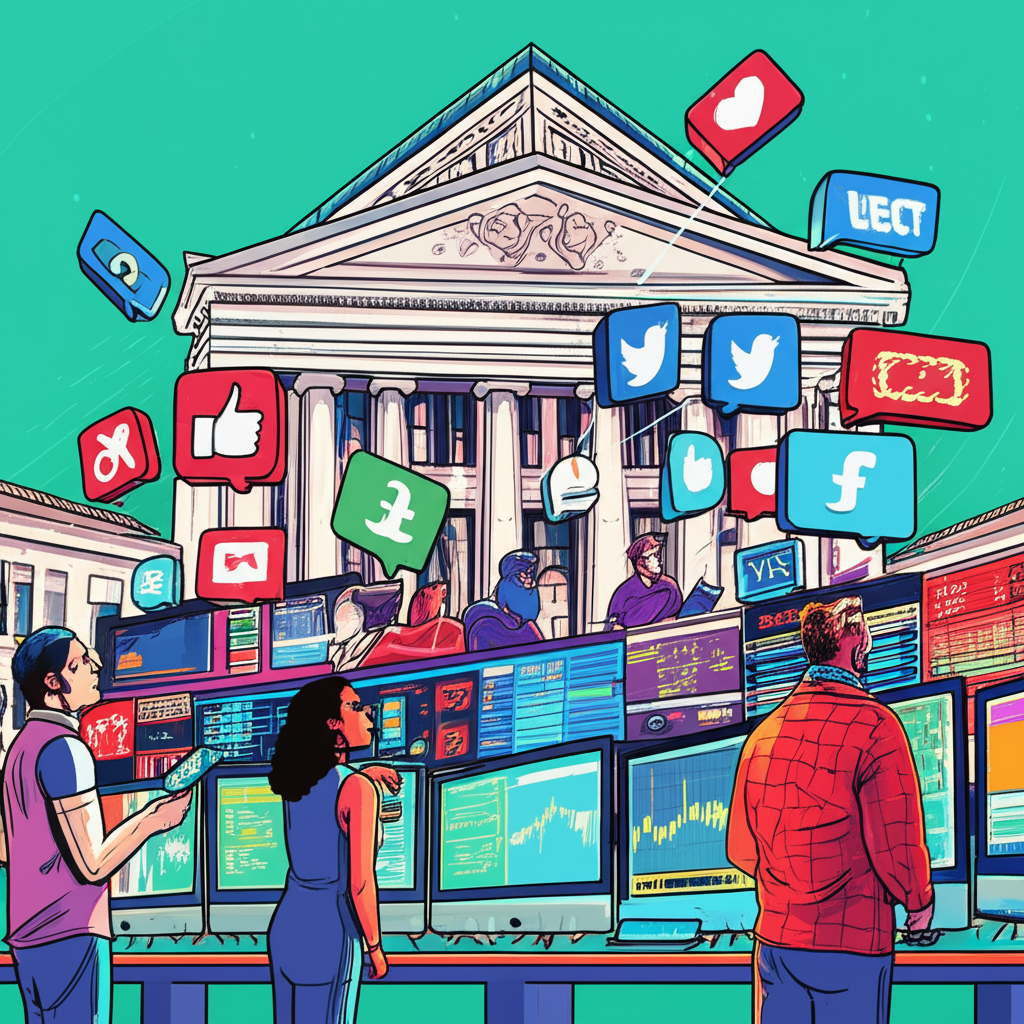 Financial market with digital social media symbols influencing stock charts a diverse group of retail investors looking at screens and a large institution building in the background illustration style
