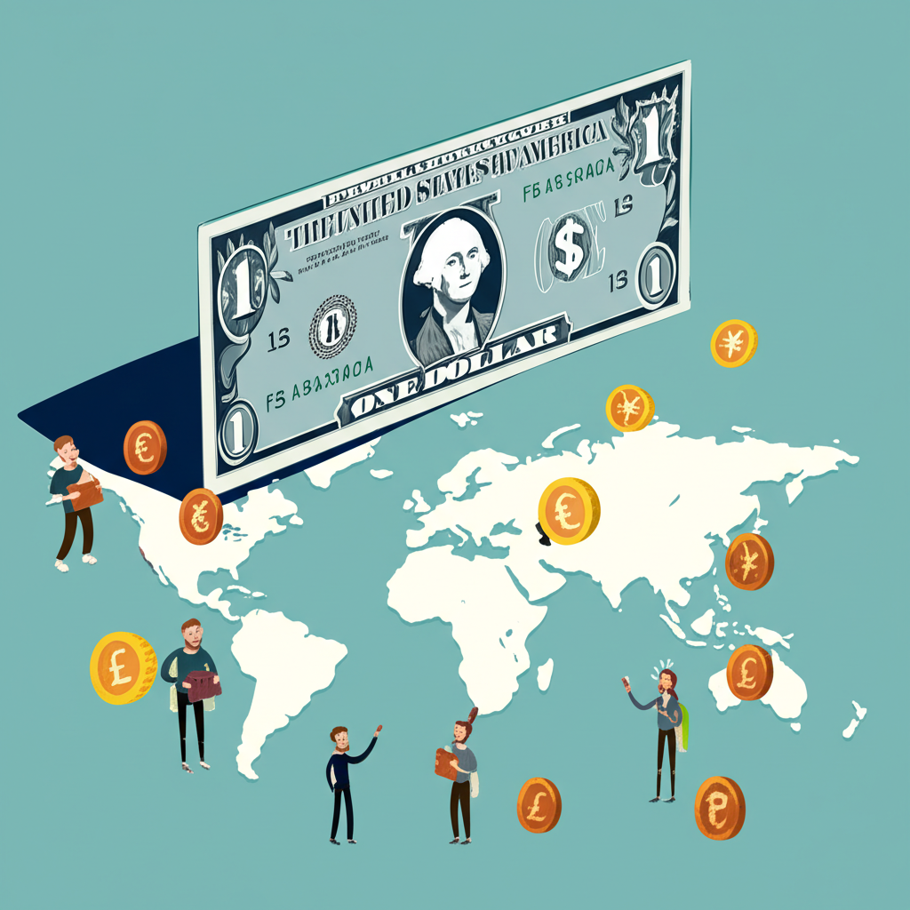 美元升值對全球經濟影響的插圖,顯示強勢美元主導世界地圖,周圍散落其他貨幣,人們手持錢包憂心忡忡