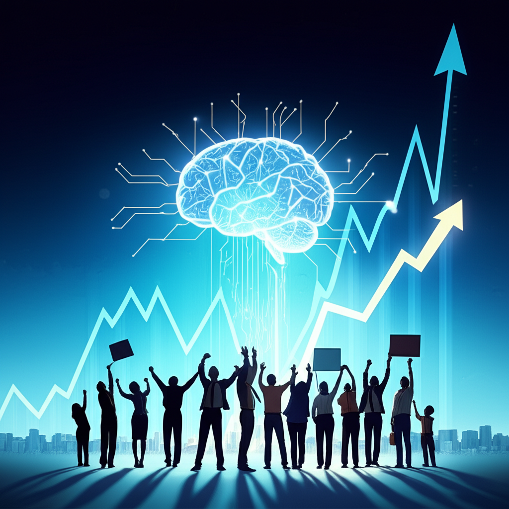 發光的AI大腦連結飆升股市圖表，周圍投資者興奮伸手追逐，象徵非理性繁榮的插圖