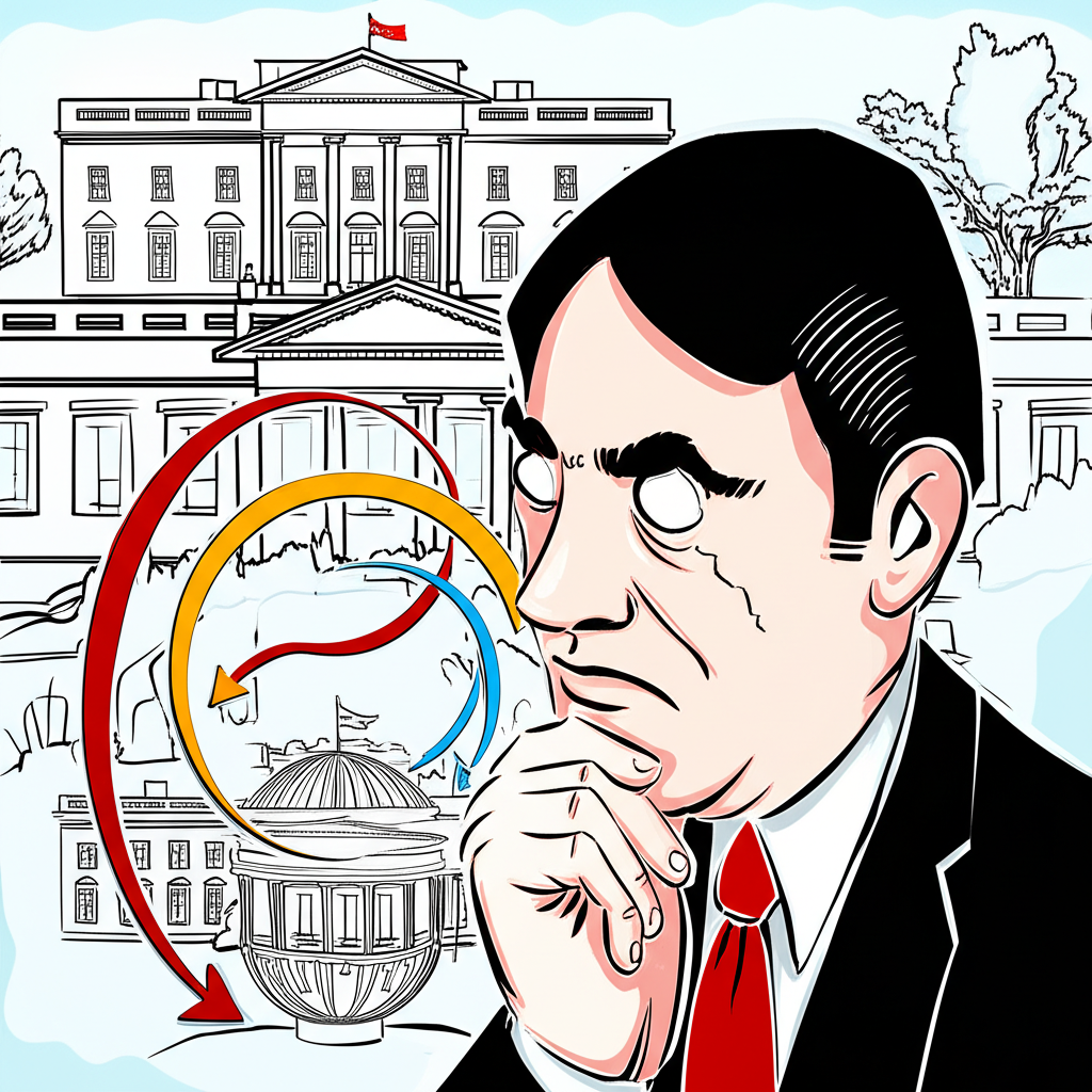 An illustration of a worried person looking at a swirling economic chart with arrows pointing down and up representing uncertainty and inflation in a White House setting