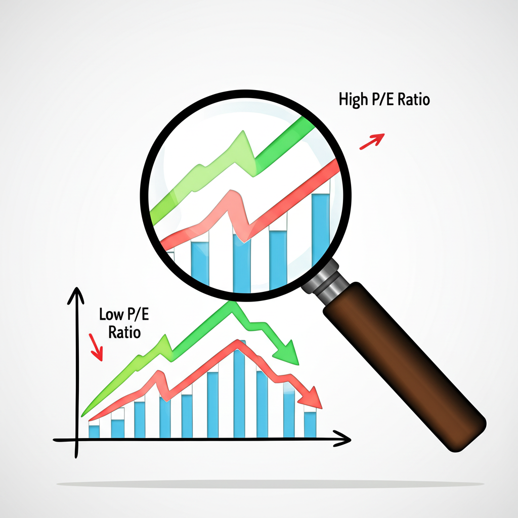 放大鏡檢視股票圖表的插圖，顯示高本益比的上漲箭頭與低本益比的下跌箭頭，象徵市場預期