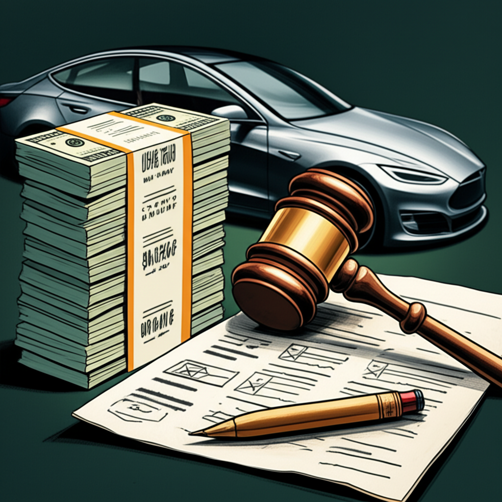 Illustration of a large stack of money or stock options challenged by a gavel and legal documents with a Tesla car in the background