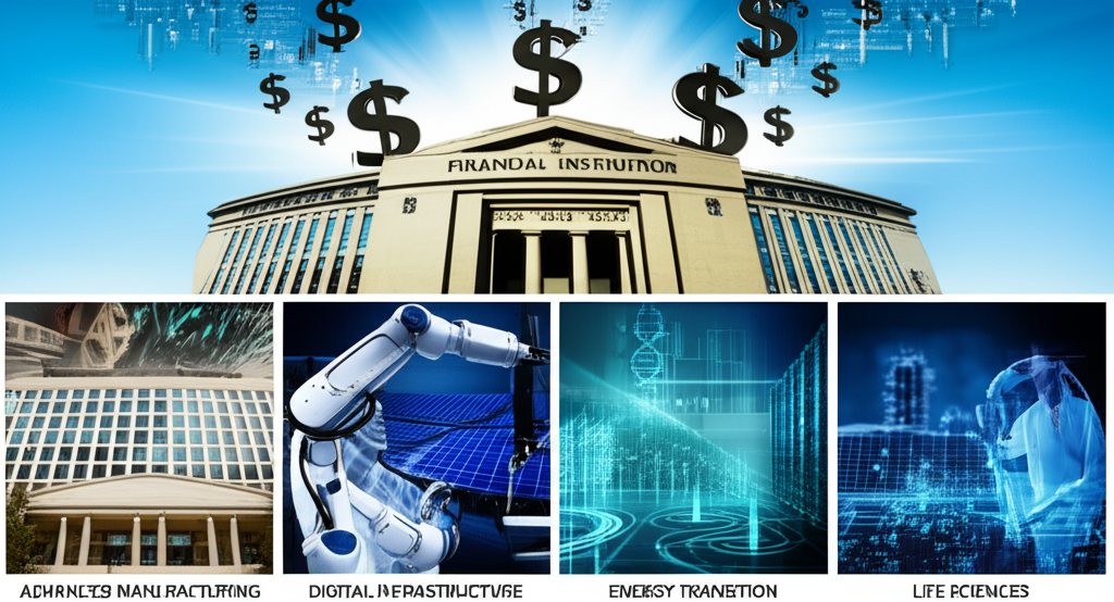 大型金融機構建築,美元符號流向先進製造、數位基礎設施、能源轉型與生命科學四大產業,晴朗天空下象徵投資活力