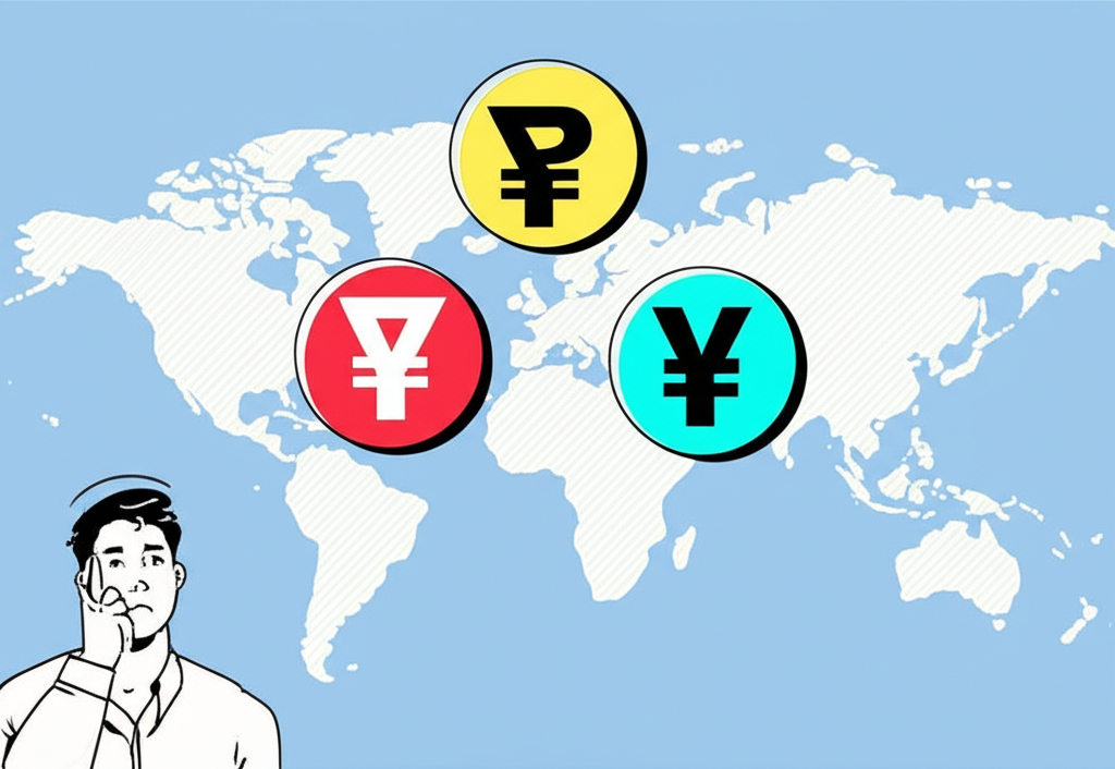 三種貨幣符號RMB、CNY、CNH環繞世界地圖，象徵全球金融市場，一位困惑的人注視著它們