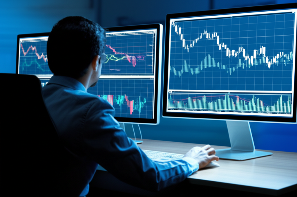 Trader analyzing forex charts on screen illustration