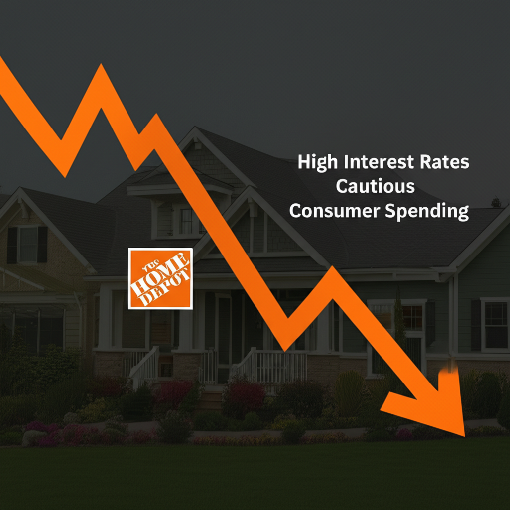 家得寶股價向下趨勢圖表,背景反映經濟放緩、高利率環境及消費者支出謹慎對房市影響