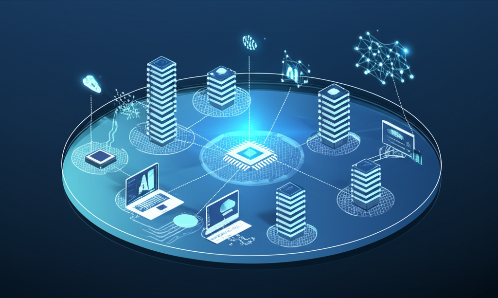 雲端運算、大數據、人工智慧與物聯網整合進企業架構的示意圖,展現數位科技如何重塑商業運作
