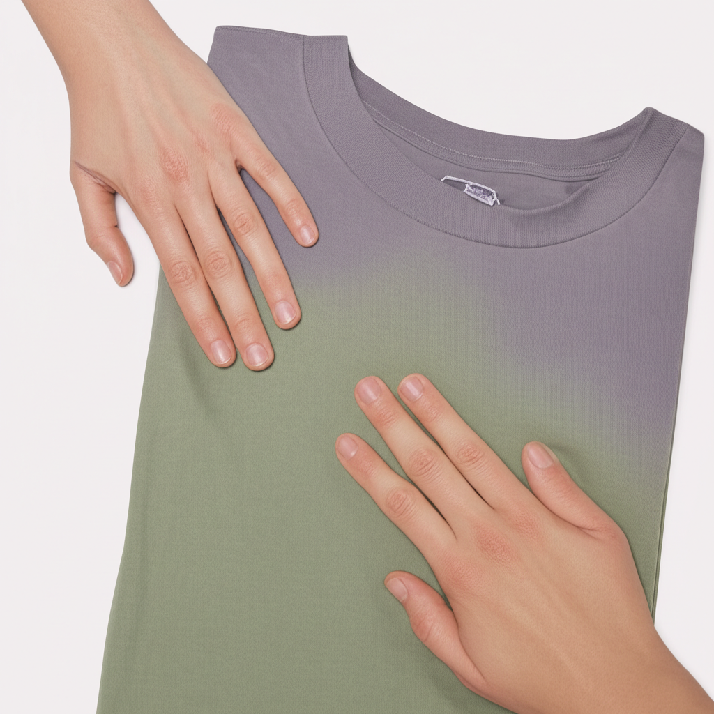 Hands feeling the soft lived-in texture of a Comfort Colors T-shirt with muted saturated colors