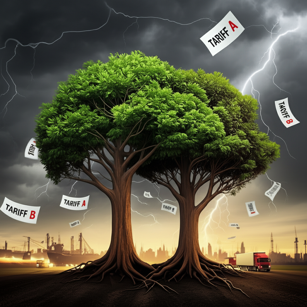 韌性股票插圖，象徵強壯樹木在關稅風暴中茁壯，背景顯示供應鏈調整與新市場開拓
