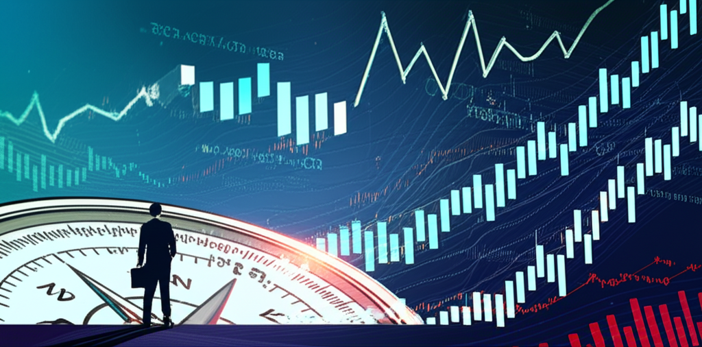 金融市場插圖,展示數據圖表與引導投資者的羅盤,市場趨勢和分析師洞察如資訊流般呈現