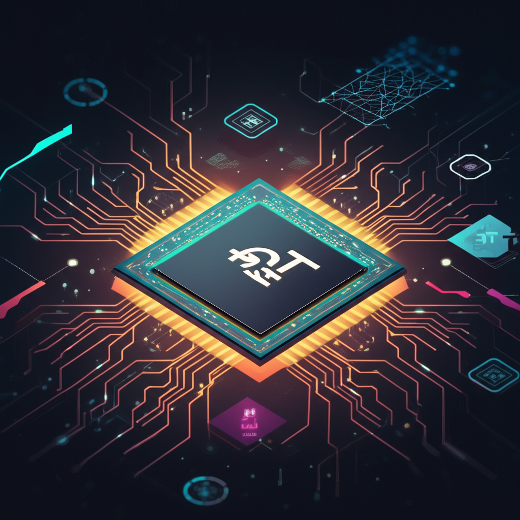 NVIDIA 晶片發光圖示,周圍環繞 AI 元素,象徵股價創新高與邁向五兆美元市值