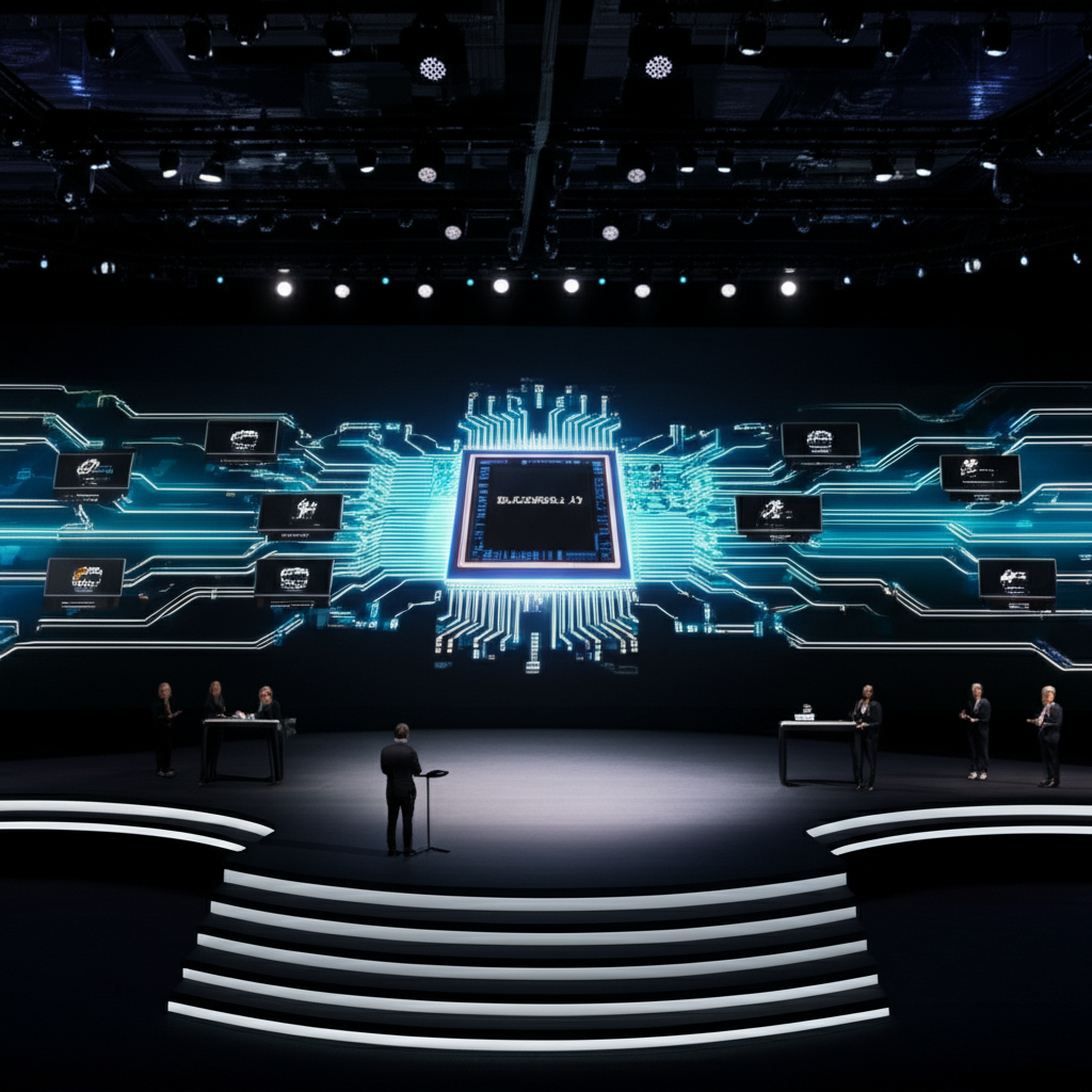 GTC 大會舞台圖示,未來感 Blackwell AI 晶片居中,周圍數據流動與開發者互動,象徵創新與資料中心領導