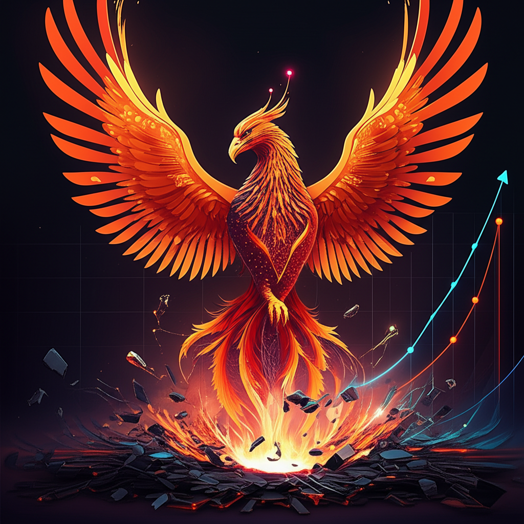 鳳凰從數位灰燼中崛起象徵科技公司復出,背景閃耀AI電路與上升趨勢圖表