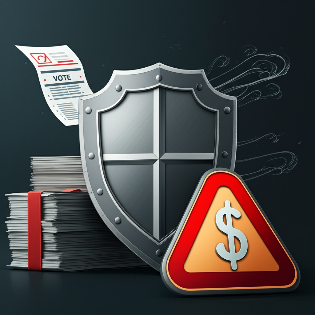 股票出借風險防護示意圖,盾牌保護股票堆疊免受投票權喪失或強制還券影響,並強調擔保品的重要性