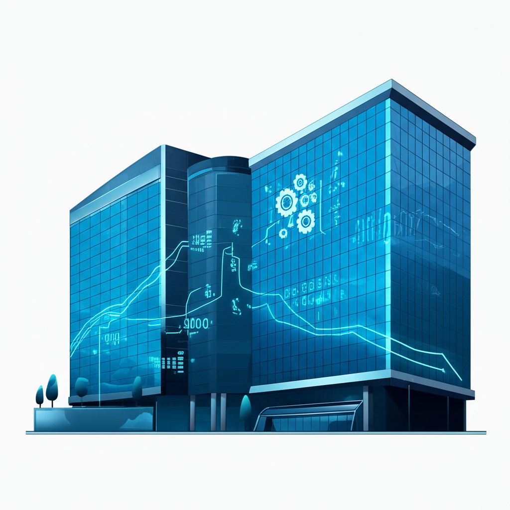大型企業建築與齒輪電路,代表AI自動化與數據分析提升生產力與市場領導