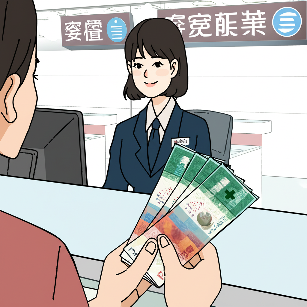 銀行櫃員在現代台灣銀行分行櫃檯遞交瑞士法郎現鈔給客戶,周圍有外幣標示