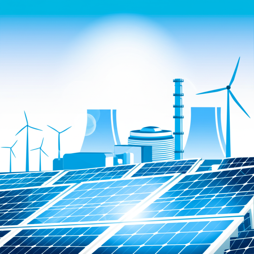 現代核電廠背景有風力渦輪和太陽能板,象徵清潔能源轉型,氛圍明亮樂觀