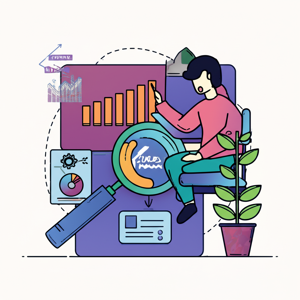 學習金融基礎:背景圖表展示基金、債券與債券型基金的關係,放大鏡突出核心概念,成長植物象徵財富增長