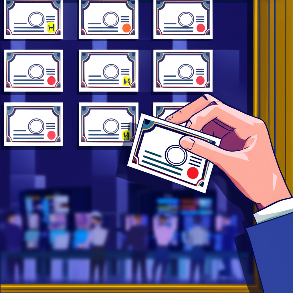 插圖:一張股票憑證從公開交易所的看板上被移除,其他股票仍掛在板上,象徵下市與暫停交易的差異,背景為金融市場環境