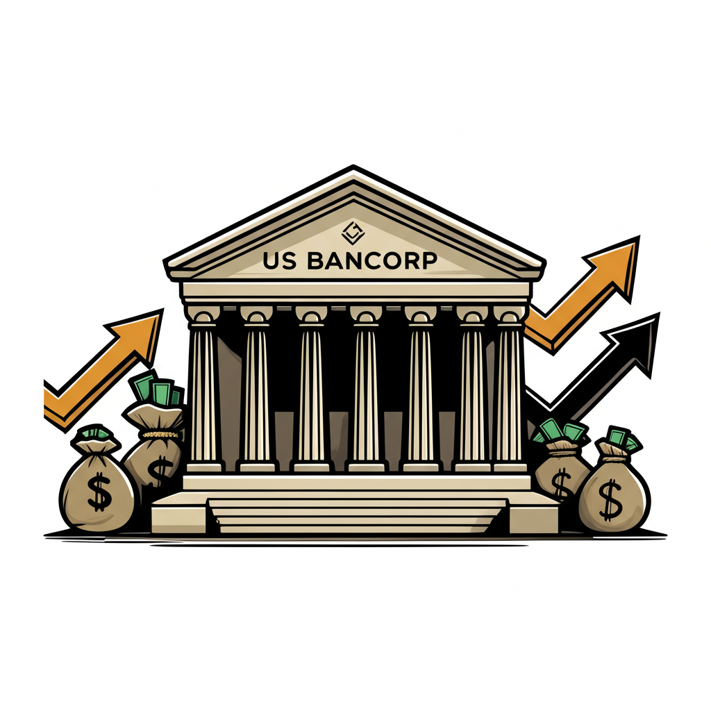 堅固銀行建築搭配貨幣袋與上漲圖表,展現美國合眾銀行的穩定成長